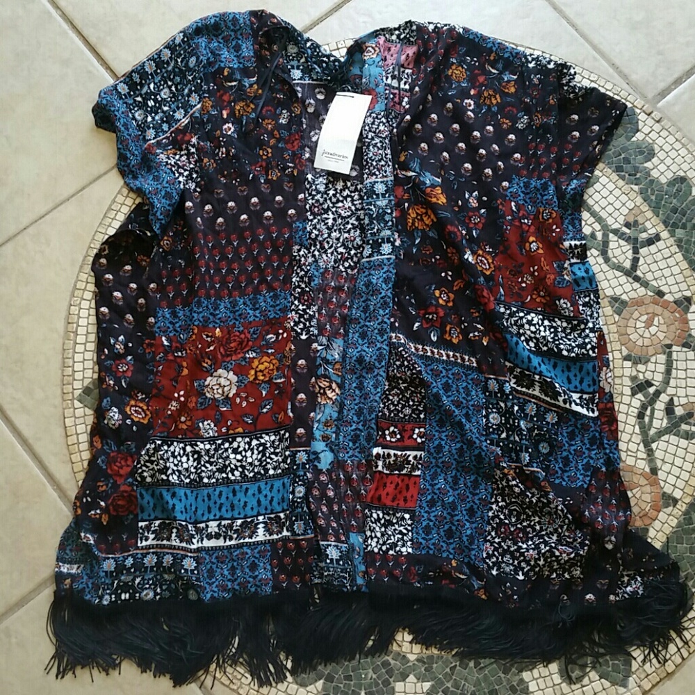 NWT Floral Patchwork Boho Kimono with Fringe